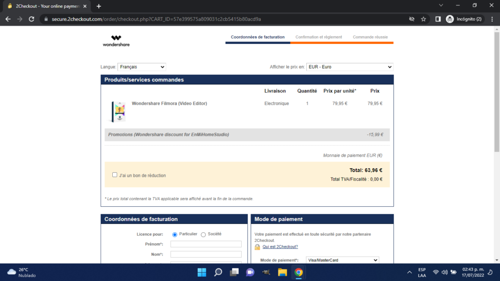 code promo filmora paiment